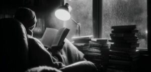 Person liest im Schatten bei Regenlicht in einem Sessel neben Bücherstapeln