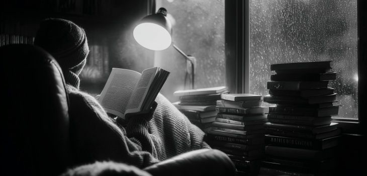Person liest im Schatten bei Regenlicht in einem Sessel neben Bücherstapeln